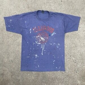 Vintage Paint Splattered Tee Shirt 70s 80s Collegiate Faded Illinois M/L Blue